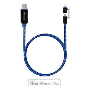 [Apple MFi Certified] FOXNOVO Blue Flowing EL Light 8-pin Lightning & Micro USB 1M Sync Data & Charging Cable Support 5V-12V Wide Voltage for  iPhone X / iPhone 8 Plus / iPhone 8 / iPhone 7 Plus / iPhone 7 / iPhone 6 / iPhone 6 Plus /  iPhone5